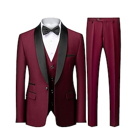 Burgundy/Black/Beige Men's Formal Wedding Party Prom Tuxedos Suits 3 Piece Shawl Collar Textured Tailored Fit Single Breasted One-button 20