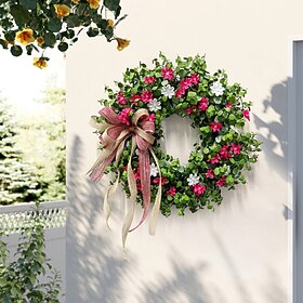 Spring Wreath Summer Door Wreath Artificial Floral Wreath Spring and Summer Decorations Home Farmhouse Decor with Pink Flowers and Green Foliage for Party Wedd
