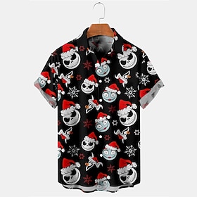 Christmas Men's Funny Christmas Printed Shirts Skull Gothic Daily Wear Going out Weekend Autumn / Fall Turndown Short Sleeves Black, Burgundy, Dark Navy S, M,