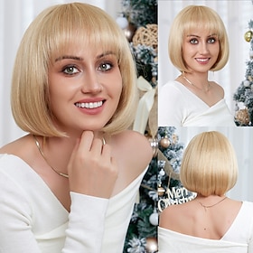 Human Hair Blend Wig Short Natural Straight Pixie Cut Side Part Layered Haircut Asymmetrical Blonde Cosplay Curler  Straightener Natural Ha