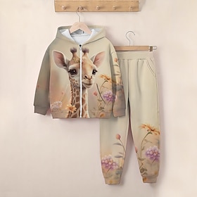 Mädchen 3D Giraffe Set aus Kapuzenpullover und Jogginghose Langarm 3d Drucken Herbst Winter Aktiv Modisch Kuschelig kinderkleidung 3-12 Jahre Reissverschluss M