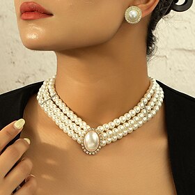Jewelry Set 1 set Imitation Pearl Rhinestone 1 Necklace Earrings Women's Elegant Simple Layered Jewelry Set For Wedding Party Wedding Guest