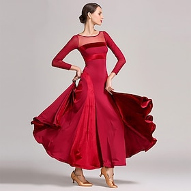 Ballroom Dance Dress Splicing Women's Performance Training Long Sleeve Natural Tulle Velvet Milk Fiber