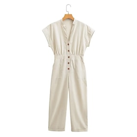 Women's Jumpsuit Button Pocket Solid Color V Neck Active Daily Vacation Regular Fit Short Sleeve White XS S M Fall