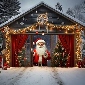 Christmas Outdoor Garage Door Cover Santa Behind Curtain Xmas Door Banner Party Large Door Mural Christmas Backdrop Decoration for Holiday Home Wall Decoration