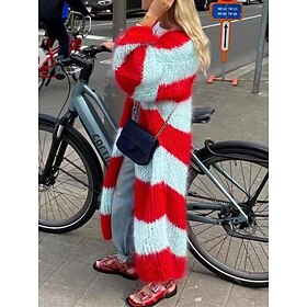 Women's Cardigan V Neck Fuzzy Knit Polyester Patchwork Knitted Fall Winter Long Outdoor Daily Going out Fashion Streetwear Casual Long Sleeve Striped Red Blue