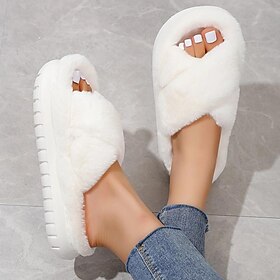 Women's Platform Fuzzy House Slippers, Open Toe Criss Cross Solid Color Casual Home Slides, Women's Indoor Flat Comfy Shoes, Christmas Gift Xmas Gift