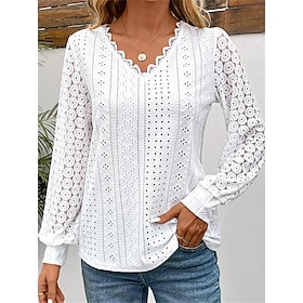 Women's Shirt Blouse Plain Casual White Pink Blue Lace Patchwork Long Sleeve Fashion V Neck Regular Fit Spring   Fall
