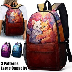 Women's Backpack School Bag Bookbag 3D Print Commuter Backpack School Outdoor Daily Cat Polyester Large Capacity Lightweight Durable Zipper Print Red Blue Fuch