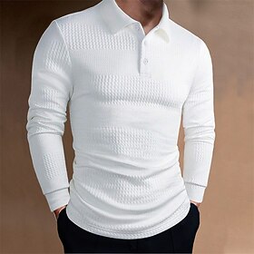 Men's Button Up Polos Polo Shirt Casual Sports Lapel Long Sleeve Fashion Basic Plain Button Spring   Fall Regular Fit Wine Black White Blue Button Up Polos