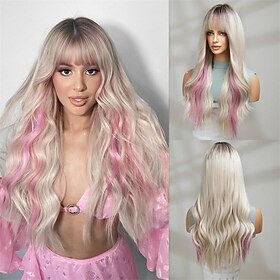 Long Wavy Wig for Women 26 Inch Middle Part Curly Wavy Wig Natural Looking Synthetic Heat Resistant Fiber Wig for Daily Party Cosplay Halloween Use (Blonde wit