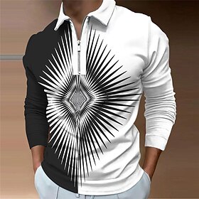 Geometry Men's Casual Print 3D Zip Polo Outdoor Casual Daily Streetwear Polyester Long Sleeve Turndown Zip Polo Shirts Black Blue Fall  Win