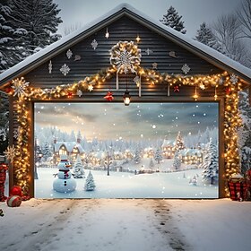 Christmas Outdoor Garage Door Cover Snowy Town Xmas Door Banner Party Large Door Mural Christmas Backdrop Decoration for Holiday Home Wall Decorations