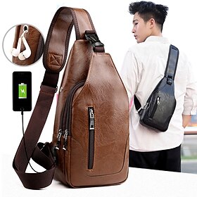 Men's Crossbody Bag Shoulder Bag Chest Bag Leather Outdoor Daily Holiday Zipper Large Capacity Waterproof Lightweight Solid Color Dark Brown Black Brown