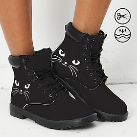 Women's Boots Print Shoes Combat Boots Animal Print Daily Cat Booties Ankle Boots Winter Flat Heel Round Toe Closed Toe Fashion Casual Faux Leather Lace-up Bla
