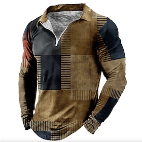 Color Block Men's Vintage Print 3D Zip Polo Outdoor Casual Daily Streetwear Polyester Long Sleeve Turndown Zip Polo Shirts Blue Brown Fall