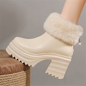 Women's Boots Plus Size Heel Boots Party Office New Year Fleece Lined Booties Ankle Boots Platform Chunky Heel Round Toe Elegant Vintage Cute Faux Leather Faux