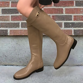 Women's Boots Motorcycle Boots Work Boots Riding Boots Outdoor Daily Knee High Boots Buckle Flat Heel Round Toe Vintage Casual Minimalism Faux Leather Zipper B