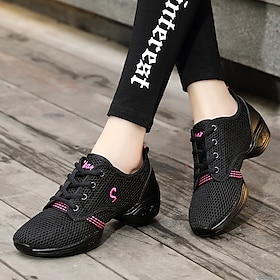 Women's Black Mesh Breathable Dance Sneakers  Lightweight Lace-Up Jazz and Hip-Hop Shoes for Latin, Zumba, and Fitness Training