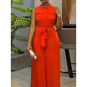 Women's Jumpsuit Pocket Drawstring Solid Color Shirt Collar Active Daily Vacation Regular Fit Sleeveless Light Green Red S M L Summer