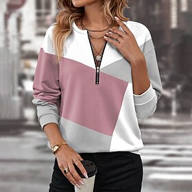 Women's Zip Up Sweatshirt Sweatshirt Pullover Color Block Active Sportswear Print Quarter Zip Black Pink Blue Casual Sports V Neck Long Sleeve Top Micro-elasti