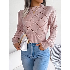 Women's Pullover Sweater Jumper Crew Neck Ribbed Knit Acrylic Knitted Fall Winter Short Outdoor Daily Going out Stylish Casual Soft Long Sleeve Solid Color Whi