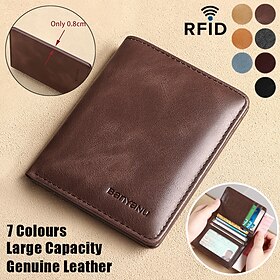 Men's Wallet Credit Card Holder Wallet Leather Outdoor Shopping Daily Large Capacity Waterproof Lightweight Solid Color Black (oil wax first layer cowhide) ant