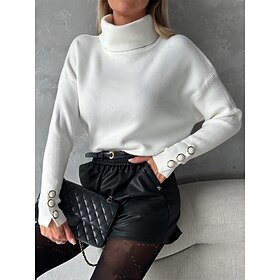 Women's Pullover Sweater Jumper Turtleneck Ribbed Knit Polyester Button Knitted Fall Winter Regular Outdoor Daily Going out Stylish Casual Soft Long Sleeve Sol