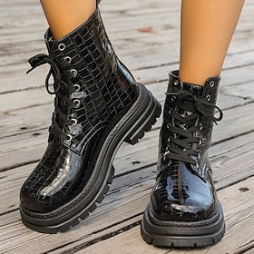 Women's Boots Motorcycle Boots Plus Size Outdoor Daily Solid Color Booties Ankle Boots Lace-up Flat Heel Round Toe Casual Comfort Minimalism Faux Leather Zippe