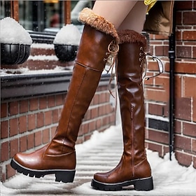 Women's Boots Motorcycle Boots Plus Size Work Boots Outdoor Daily Fleece Lined Over The Knee Boots Buckle Block Heel Round Toe Vintage Casual Minimalism Faux L
