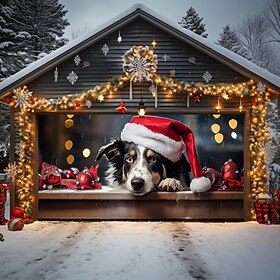 Christmas Outdoor Garage Door Cover Cozy Animals Dog Cat Xmas Door Banner Party Large Door Mural Christmas Backdrop Decoration for Holiday Home Wall Decoration