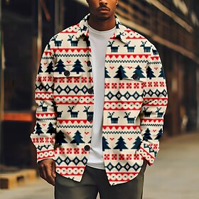 Christmas Tree Snowflake Vintage Men's Shirt Shirt Jacket Shacket Outdoor Vacation Fall Winter Lapel Long Sleeve Red, Green, Khaki S, M, L Corduroy Shirt