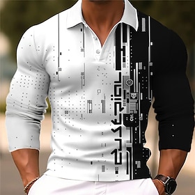 Geometry Men's Business Print 3D Golf Polo Outdoor Casual Daily Streetwear Polyester Long Sleeve Turndown Polo Shirts White Wine Fall  Wint