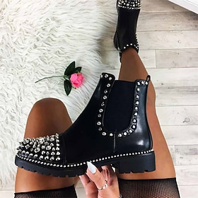 Studded Black Chelsea Boots for Women – Chunky Sole Ankle Boots with Metal Rivet Details, Perfect for Punk and Street Style