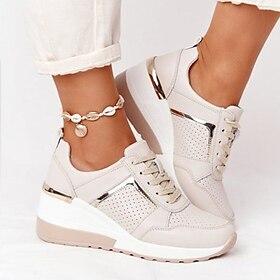Women's Beige Wedge Sneakers with Metallic Accents  Comfortable and Stylish Platform Shoes for Casual and Everyday Wear