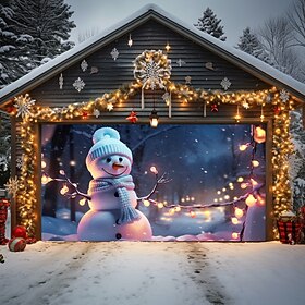 Christmas Outdoor Garage Door Cover Snowman Blue Xmas Door Banner Party Large Door Mural Christmas Backdrop Decoration for Holiday Home Wall Decorations