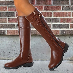 Women's Boots Motorcycle Boots Plus Size Work Boots Outdoor Daily Knee High Boots Buckle Zipper Flat Heel Round Toe Vintage Casual Minimalism Faux Leather Zipp