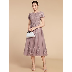 A-Line Mother Of The Bride Dress Wedding Guest Elegant Petite Jewel Neck Tea Length Lace Tulle Short Sleeve With Ruching Flower 2024