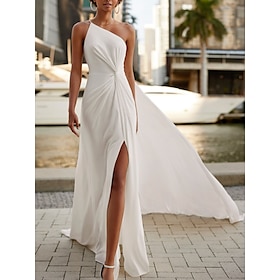 Hall Formal Wedding Dresses A-Line One Shoulder Sleeveless Court Train Chiffon Bridal Gowns With Pleats Split Front 2024
