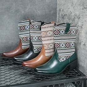 Men's Boots Western Cowboy Boots Formal Shoes Bohemian Print Vintage Casual Outdoor Daily PU Slip-on Comfortable Mid-Calf Boots Zipper Black Yellow Brown Winte