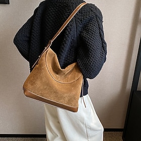 Women's Shoulder Bag Bucket Bag Suede Daily Zipper Large Capacity Foldable Geometric Black Brown Coffee