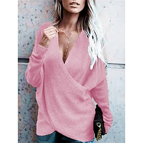 Women's Pullover Sweater Jumper V Neck Ribbed Knit Polyester Oversized Knitted Fall Winter Regular Outdoor Daily Holiday Fashion Streetwear Casual Long Sleeve
