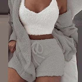 Warm Fuzzy Pajama Set 3PCS Long Sleeve Hooded Robe Tank Top Drawstring Shorts Women's Sleepwear Loungewear