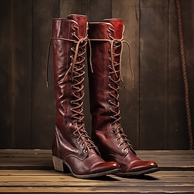 Women's Boots Cowboy Boots Combat Boots Lace Up Boots Outdoor Daily Knee High Boots Lace-up Block Heel Round Toe Punk Vacation Vintage Faux Leather Lace-up Win