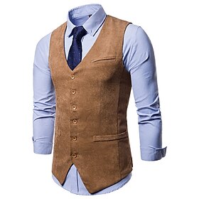Men's Vest Outdoor Daily Wear Vacation Going out Fashion Basic Fall  Winter Button Pocket Corduroy Warm Plain Single Breasted Collarless Regular Fit Khaki Vest
