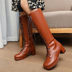 Women's Boots Combat Boots Plus Size Work Boots Outdoor Daily Knee High Boots Lace-up Chunky Heel Round Toe Vintage Casual Minimalism Faux Leather Zipper Black