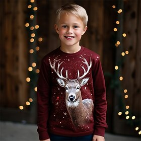 Thanksgiving Boys 3D Elk Deer Tee Shirt Long Sleeve 3D Print Fall Winter Sports Fashion Streetwear Polyester Kids 3-12 Years Crew Neck Outdoor Casual Daily Reg