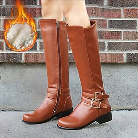 Women's Boots Motorcycle Boots Plus Size Work Boots Outdoor New Year Daily Fleece Lined Knee High Boots Buckle Flat Heel Round Toe Vintage Plush Casual Faux Le