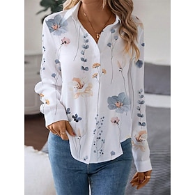 Damen Hemd Bluse Blumen Casual Festtage Weiß Gelb Rosa Bedruckt Taste Langarm Modisch Hemdkragen Regular Fit Frühling  Herbst