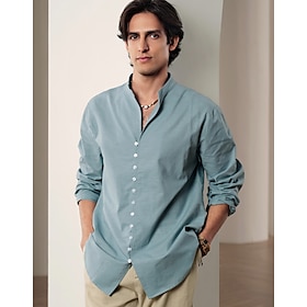 55% Linen Print Men's Shirt Linen Shirt Blue Gray Long Sleeve Graphic Prints Anchor Stand Collar Summer Spring Outdoor Street Clothing Appa